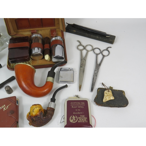 740 - Mixed collectables lot including tobacco pipes, grooming items, ink well etc.