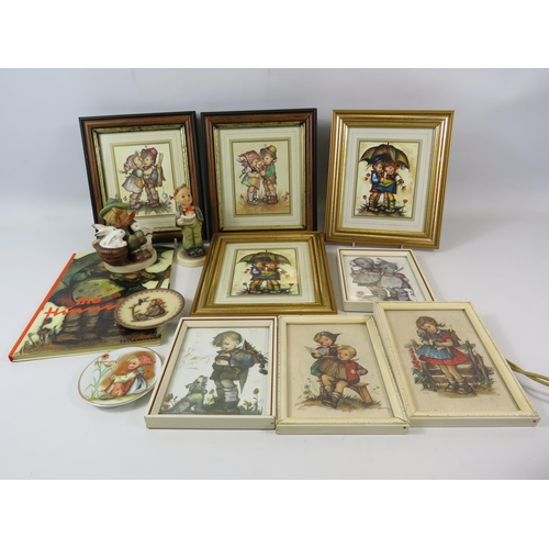 1047 - Framed vintage Goebel Hummel prints, 2 figurines and a book etc.