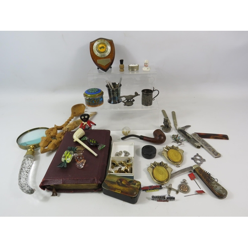 1049 - Mixed collectables lot including a magnifying glass, cufflinks, penknives, enamel badges etc.