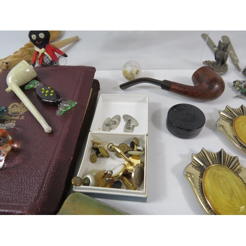 1049 - Mixed collectables lot including a magnifying glass, cufflinks, penknives, enamel badges etc.