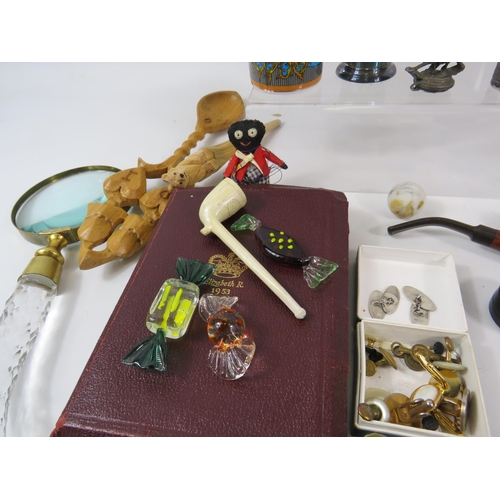 1049 - Mixed collectables lot including a magnifying glass, cufflinks, penknives, enamel badges etc.