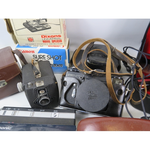 1050 - Photography lot vintage cameras and camcorder plus a boxed modern camera see photos for makers.