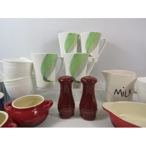 1059 - Mixed modern ceramics, Wedgwood and Portmeirion cups, Le Cruset salt and pepper pots and Denby ovenw... 