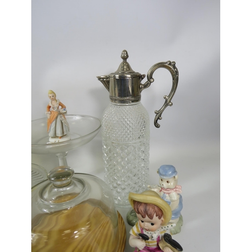 1069 - Mixed lot of glass and ceramics including a vintage claret jug, Lomonosov lion cub etc.