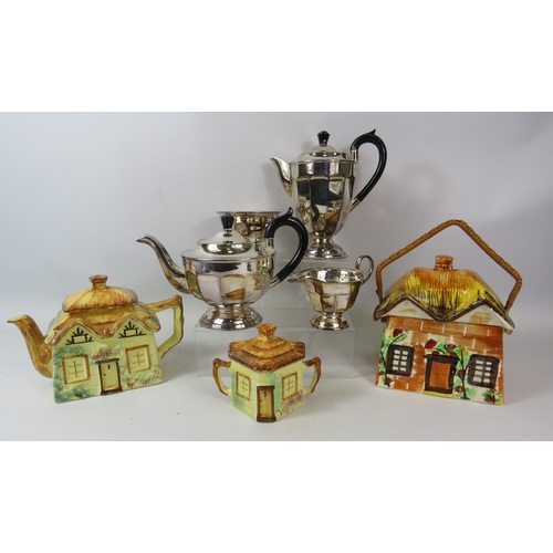 1070 - Silverplated teaset and a selection of cottage ware ceramics.