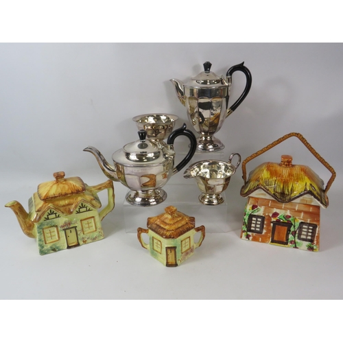 1070 - Silverplated teaset and a selection of cottage ware ceramics.