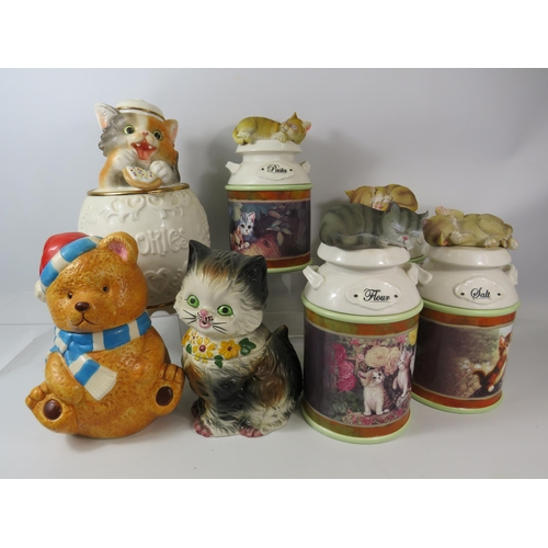 1071 - Braford exchange kitchen storage cannisters with cats on the lids plus Cookie jars etc.