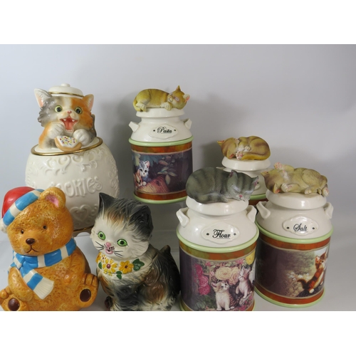 1071 - Braford exchange kitchen storage cannisters with cats on the lids plus Cookie jars etc.