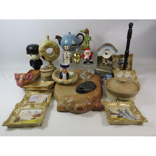 1081 - Mixed lot to include 6 Austrian miniture paintings, Torquay teapot, Fred flour sifter, onyx clock ho... 