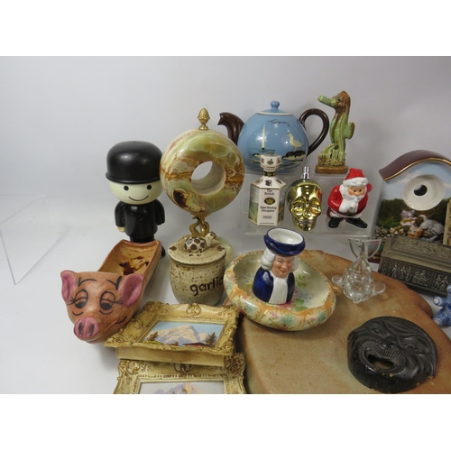 1081 - Mixed lot to include 6 Austrian miniture paintings, Torquay teapot, Fred flour sifter, onyx clock ho... 