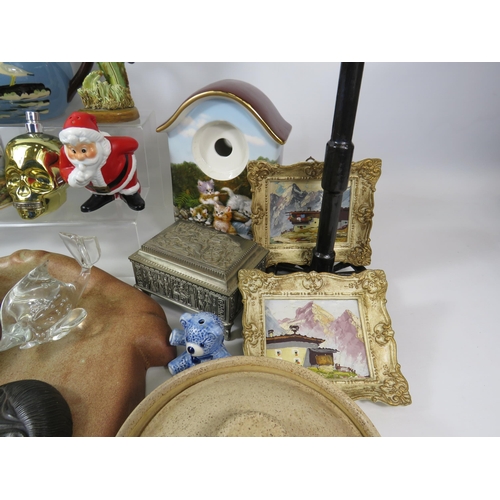 1081 - Mixed lot to include 6 Austrian miniture paintings, Torquay teapot, Fred flour sifter, onyx clock ho... 