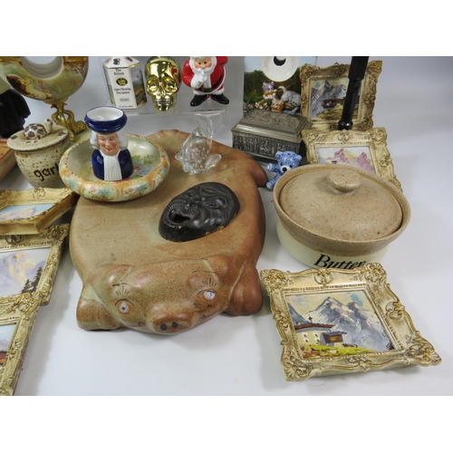 1081 - Mixed lot to include 6 Austrian miniture paintings, Torquay teapot, Fred flour sifter, onyx clock ho... 