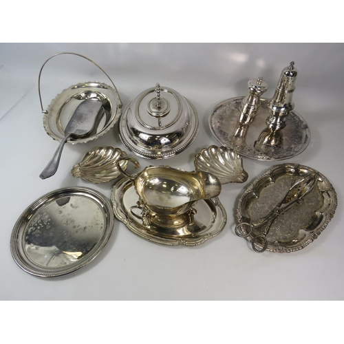 1085 - Various silver plated items including a lidded tureen, trays, gravy boat etc.