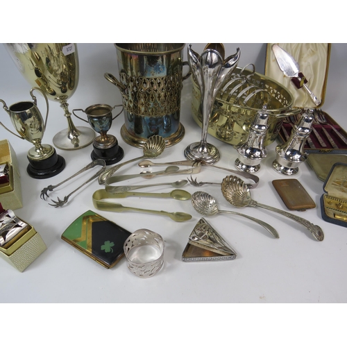 1089 - Silver plated and collectable items including sugar tongs and sifter spoons, cigarette and snuff cas... 