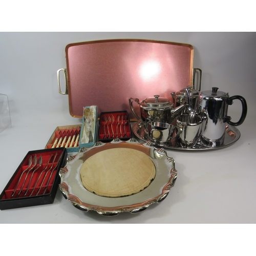 1094 - Stainless steel teaset, various vintage cutlery and silver plated and wood cheese board.