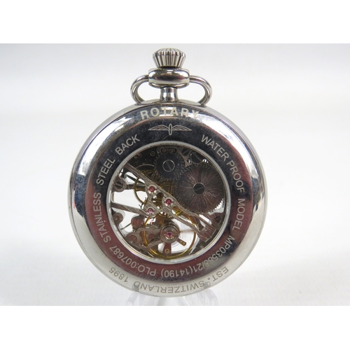 222A - Swiss made Rotary See Through Skeleton Pocket watch with Chrome case. Crown Wind in excellent condit... 