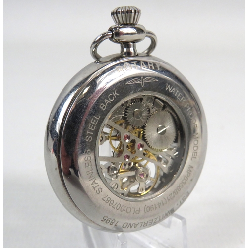 222A - Swiss made Rotary See Through Skeleton Pocket watch with Chrome case. Crown Wind in excellent condit... 