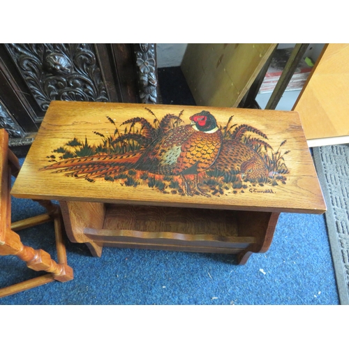 1150 - Wooden magazine rack with pheasant painted on the top 50cm long 21cm deep 44 high plus a small occas... 