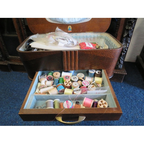 1153 - Retro wooden sewing table with contents.