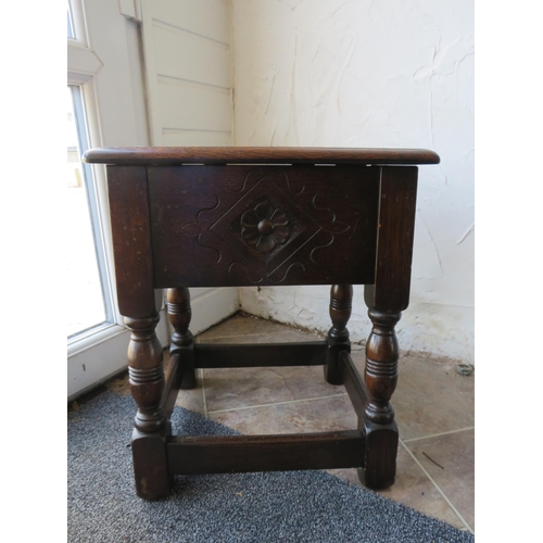 1158 - Small Oak lidded sewing or storage table, 46cm high 39cm long 28cm deep.