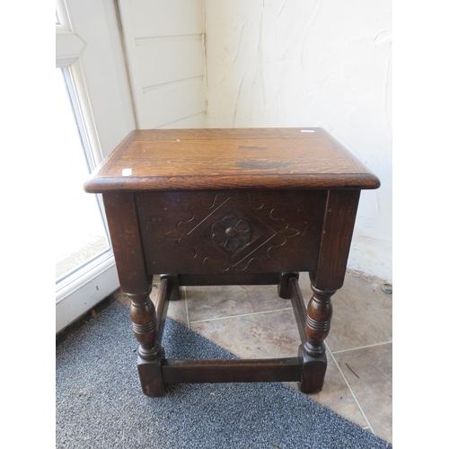 1158 - Small Oak lidded sewing or storage table, 46cm high 39cm long 28cm deep.