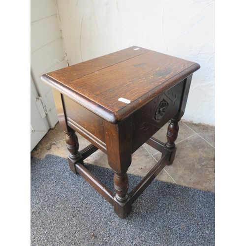 1158 - Small Oak lidded sewing or storage table, 46cm high 39cm long 28cm deep.