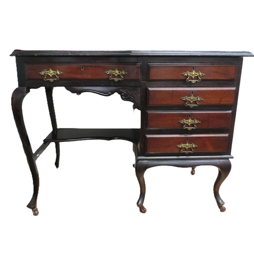 1141 - Kneehole writing desk with a bank of Drawers to the right hand side with kneehole to the left.  Red ... 