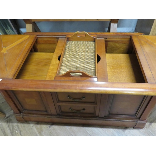 1149 - Interesting Buffet Cabinet with sliding top revealing tray and shelves under. Attractive banded desi... 