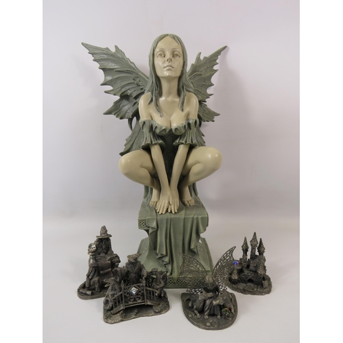 1353 - Large Fairy sculpture plus 4 Myth and magic type pewter sculptures.