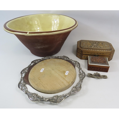 1355 - Mixed lot to include a large stoneware bowl, silver plated cheese board, indian silver bracelet and ... 