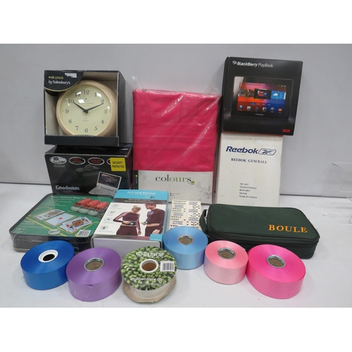 1392 - Mixed lot including portable DVD player, play book, poker set, boules, curtains etc.