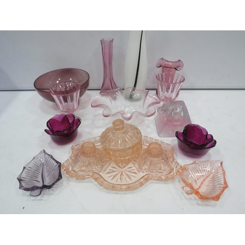 1396 - Various pink and purple art glass including a art deco dressing table set.