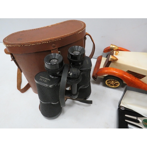 1399 - Ceramic Ocrina musical instrument, Binoculars, wooden car model etc