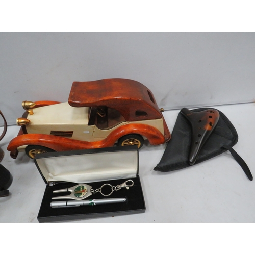 1399 - Ceramic Ocrina musical instrument, Binoculars, wooden car model etc