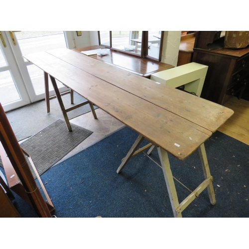 Vintage Tressle Table with Two plank top. Measures approx 8ft Long. See ...