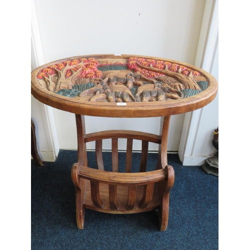 1341 - Nicely Carved wooden table with magazine rack under. Has beautifully carved Elephants to top and sid... 