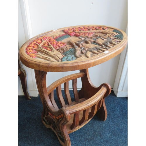 1341 - Nicely Carved wooden table with magazine rack under. Has beautifully carved Elephants to top and sid... 