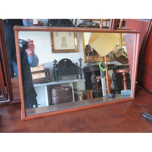 1347 - Teak Table top mirror set at an angle. Measures 18 inches tall, x 28 inches wide, 5 inches deep at b... 