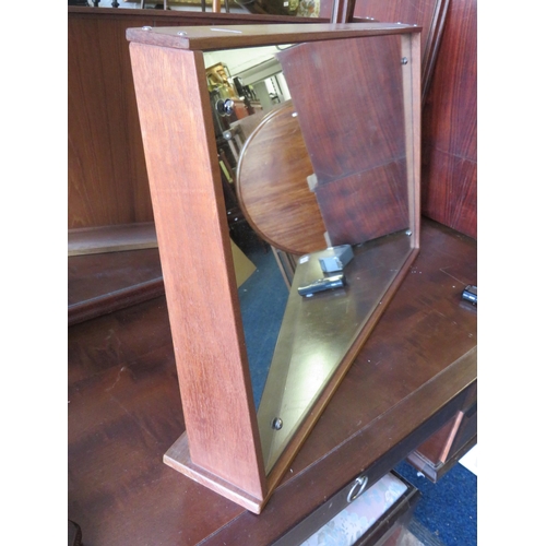 1347 - Teak Table top mirror set at an angle. Measures 18 inches tall, x 28 inches wide, 5 inches deep at b... 