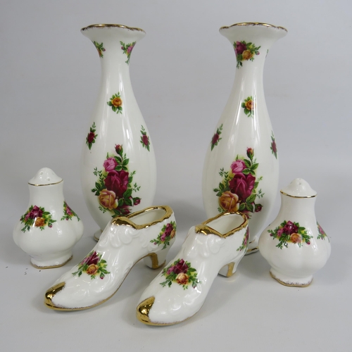 29 - Royal Albert old country roses vases, shoes and salt and pepper pot.