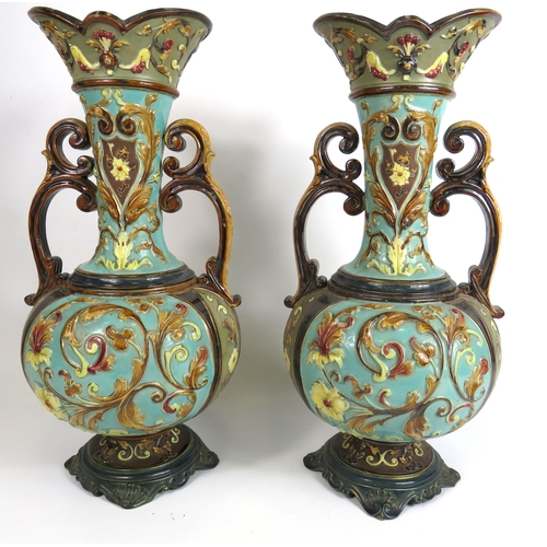 65 - Pair of large Antique Wilhelm Schiller & Son Austrian art nouveau twin handle majolica vases, 33cm t... 