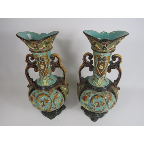 65 - Pair of large Antique Wilhelm Schiller & Son Austrian art nouveau twin handle majolica vases, 33cm t... 