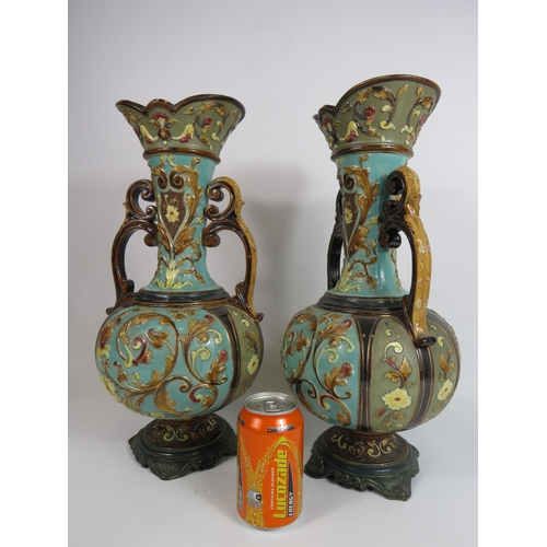 65 - Pair of large Antique Wilhelm Schiller & Son Austrian art nouveau twin handle majolica vases, 33cm t... 