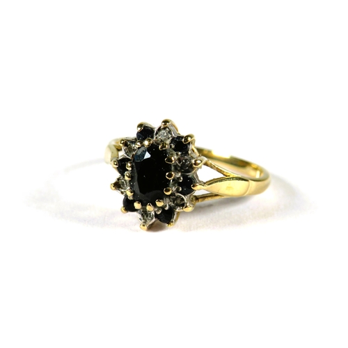 313 - 9ct Yellow Gold ring set with a central Sapphire with sapphire and Diamond surround in a flower patt... 