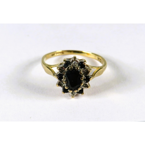 313 - 9ct Yellow Gold ring set with a central Sapphire with sapphire and Diamond surround in a flower patt... 