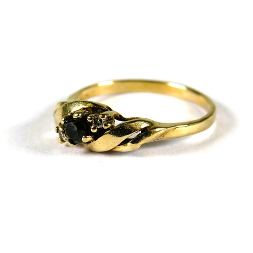 314 - 9ct Yellow Gold Ring set in a twist pattern and set with a Central Sapphire flanked by Twin Diamonds... 