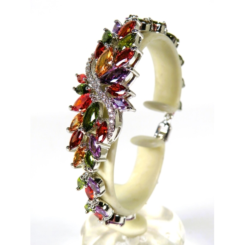 323 - 925 Silver Bracelet, 8 inches with detachable extension. Set with Synthetic Garnet/Topaz/Amethyst Mu... 