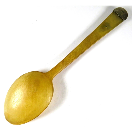 332 - Hand Crafted Horn spoon with silver capping to handle. Measures approx 6 inches long. See photos.