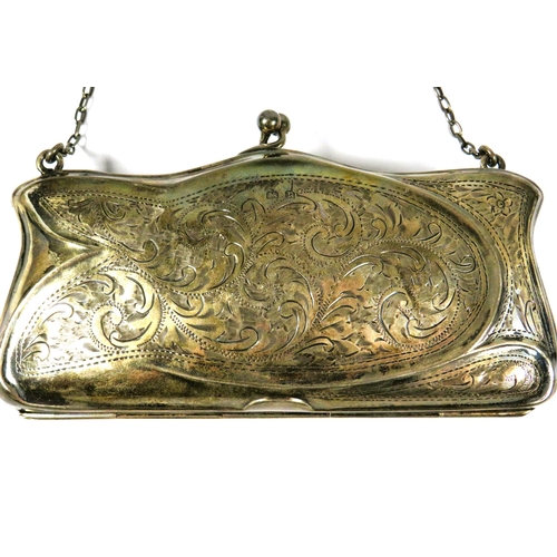 335 - Antique Silver Purse with chain and finger ring. Superb leather interior.  Hallmarked for Birmingham... 