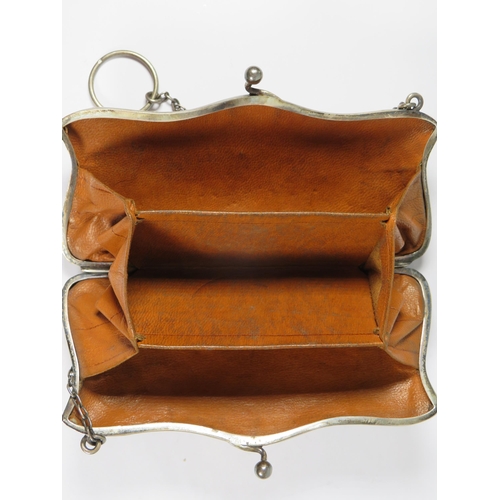 335 - Antique Silver Purse with chain and finger ring. Superb leather interior.  Hallmarked for Birmingham... 